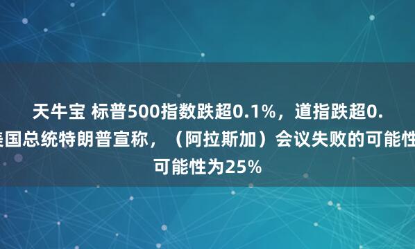 天牛宝 标普500指数跌超0.1%，道指跌超0.3%。美国总统特朗普宣称，（阿拉斯加）会议失败的可能性为25%